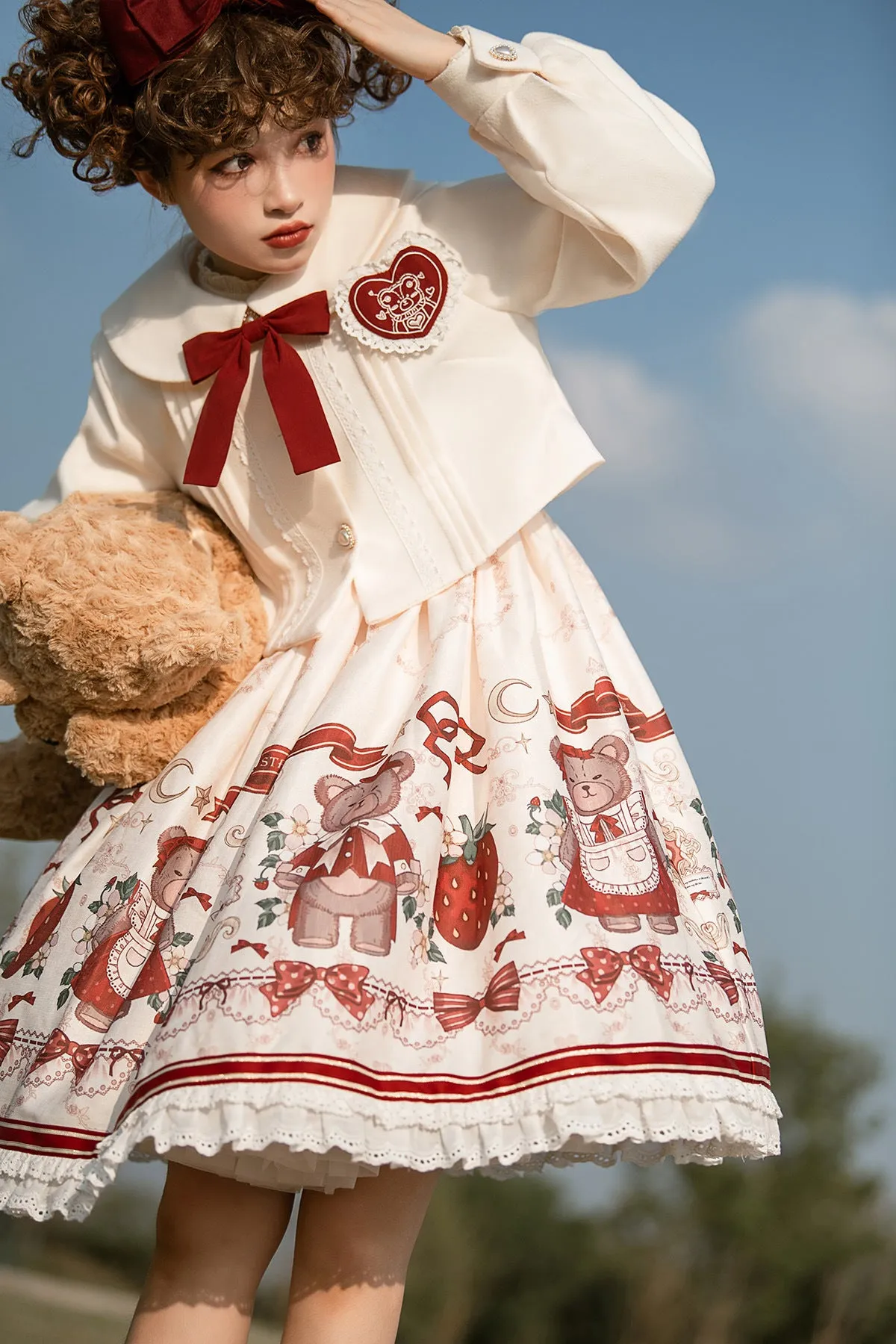 Lolita Teddy Bear Christmas Festive Red White Winter Jacket & Strap Dress Two Piece Set