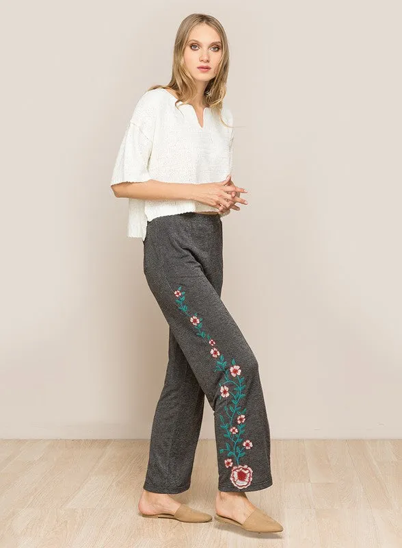 LONG FLORAL EMBROIDERED WIDE LEGGED PANTS