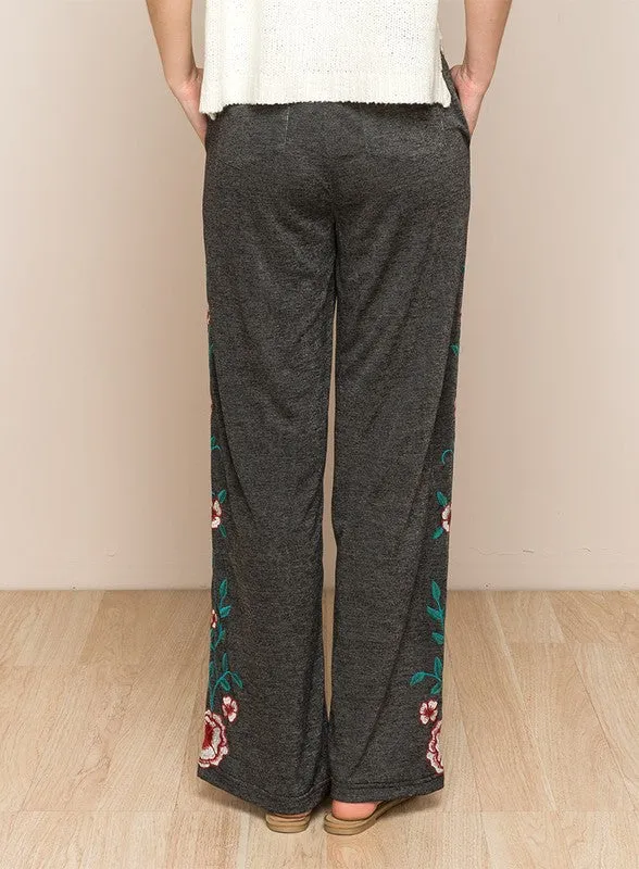 LONG FLORAL EMBROIDERED WIDE LEGGED PANTS