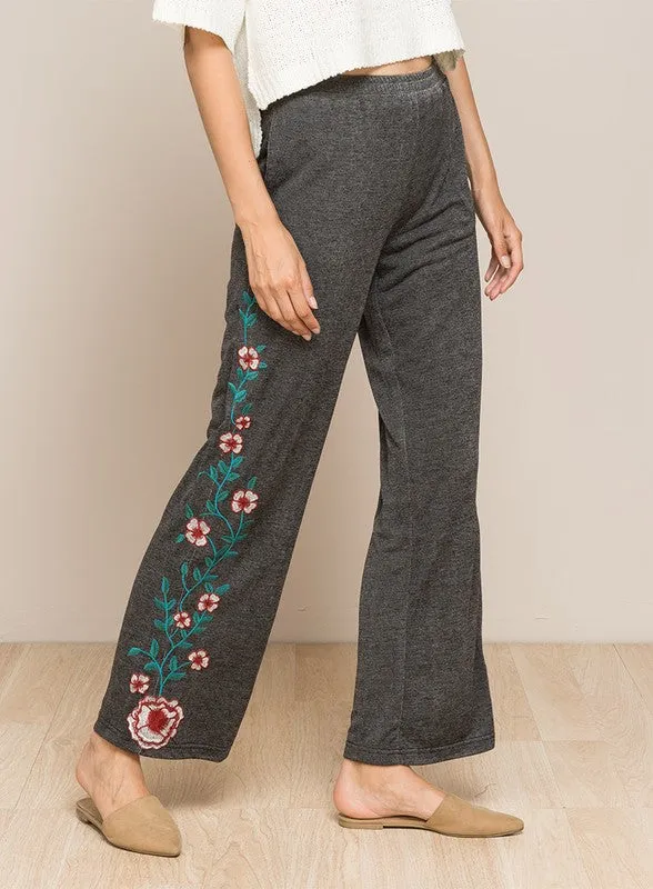 LONG FLORAL EMBROIDERED WIDE LEGGED PANTS