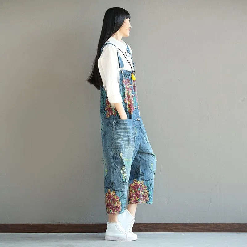 Loose Floral Denim Overall