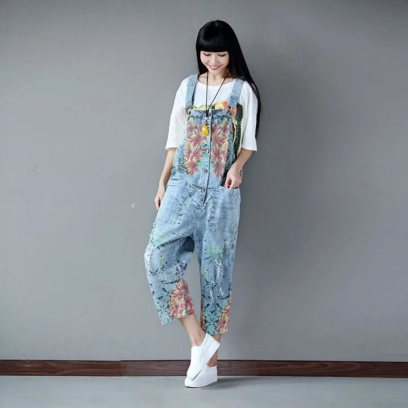 Loose Floral Denim Overall