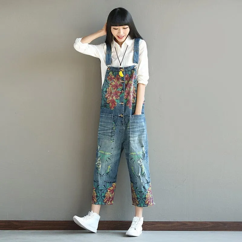 Loose Floral Denim Overall