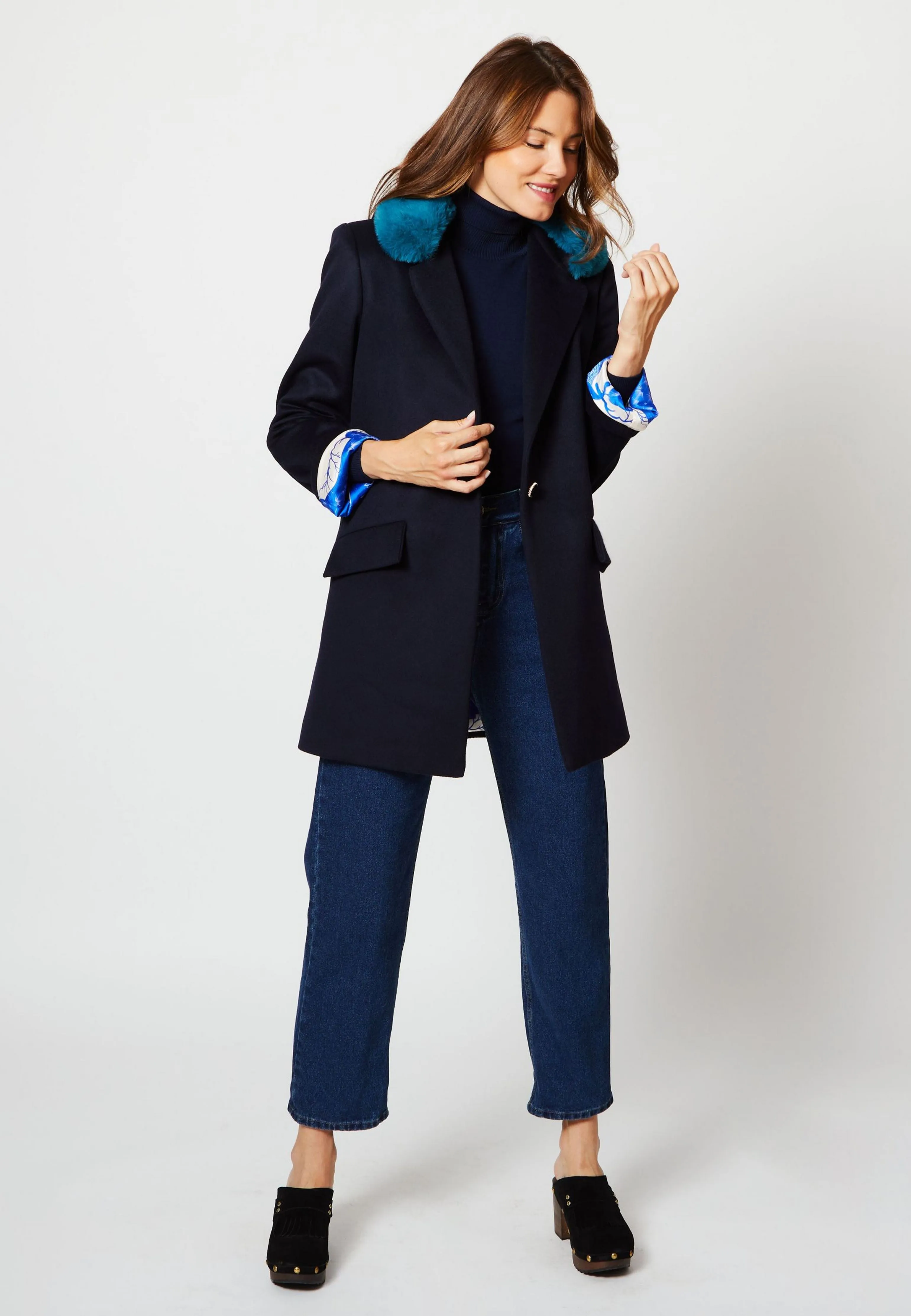 MANTEAU PARISIEN LAINE CACHEMIRE UPCYCLÉE BLEU