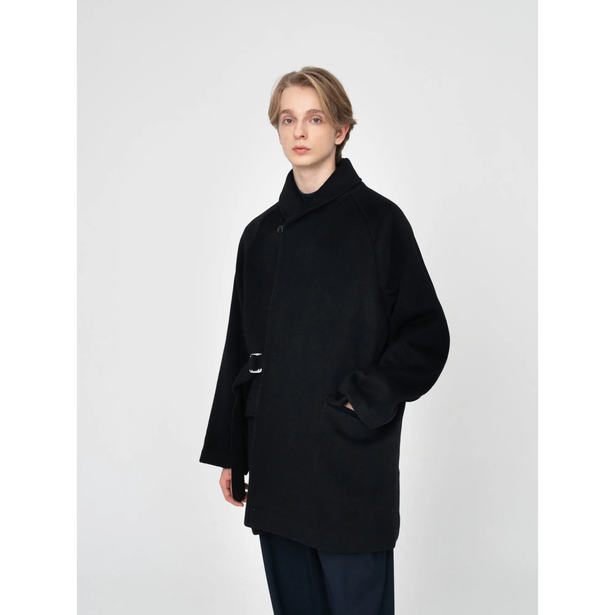 Men Belted Coat - Black