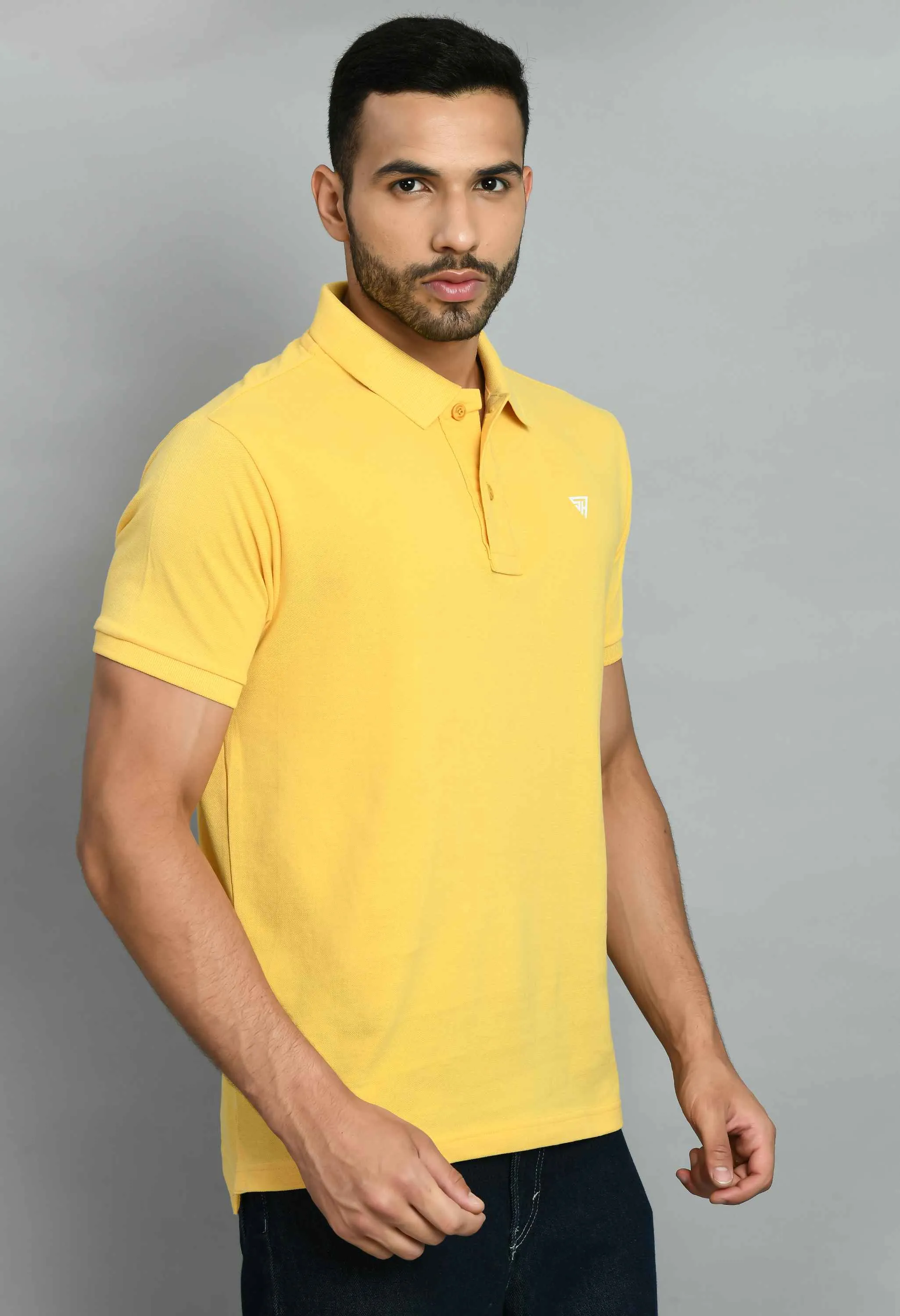 Men's Solid Yellow Polo Collar T-Shirt