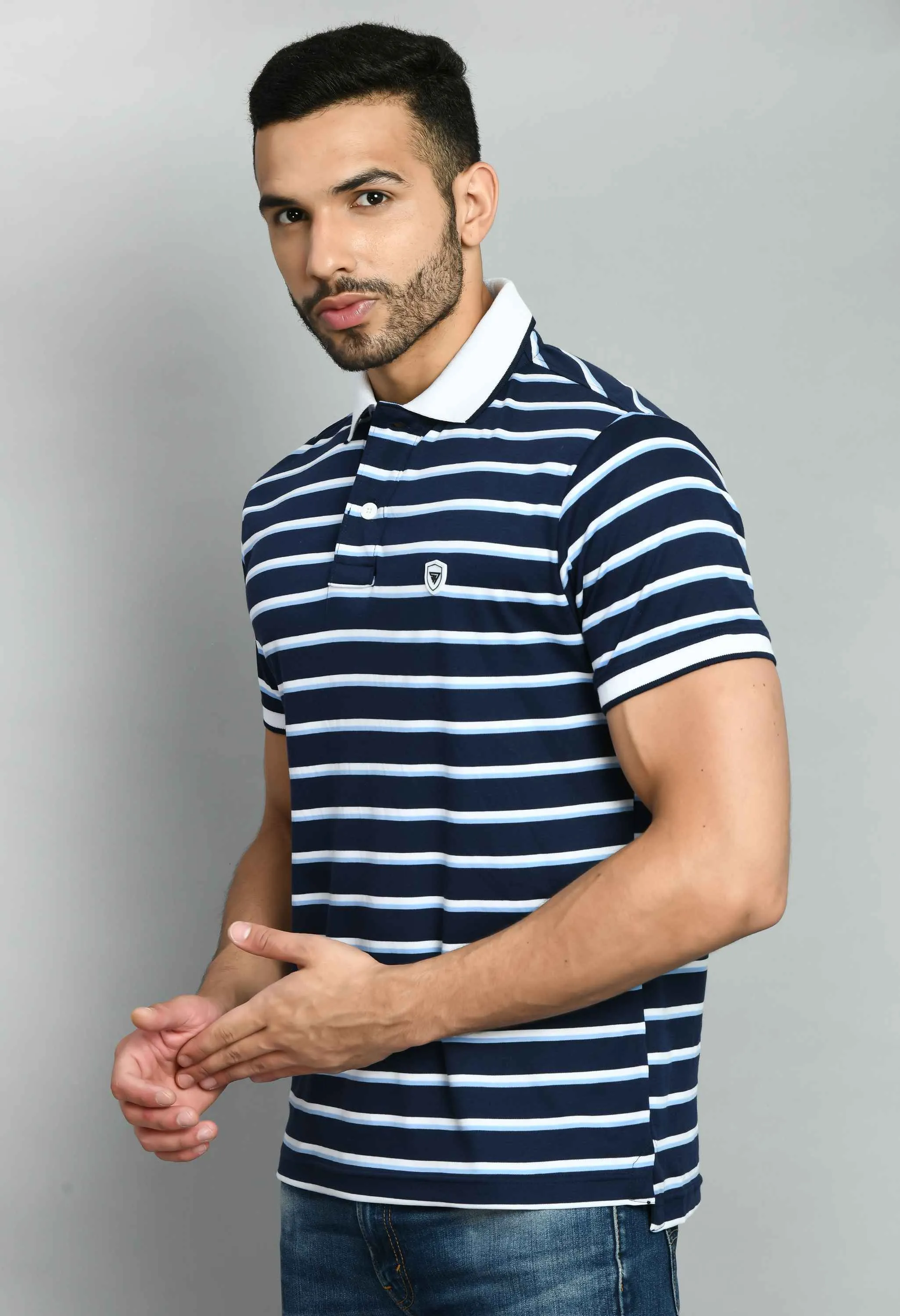 Men's Striped White Blue Polo Neck Tee