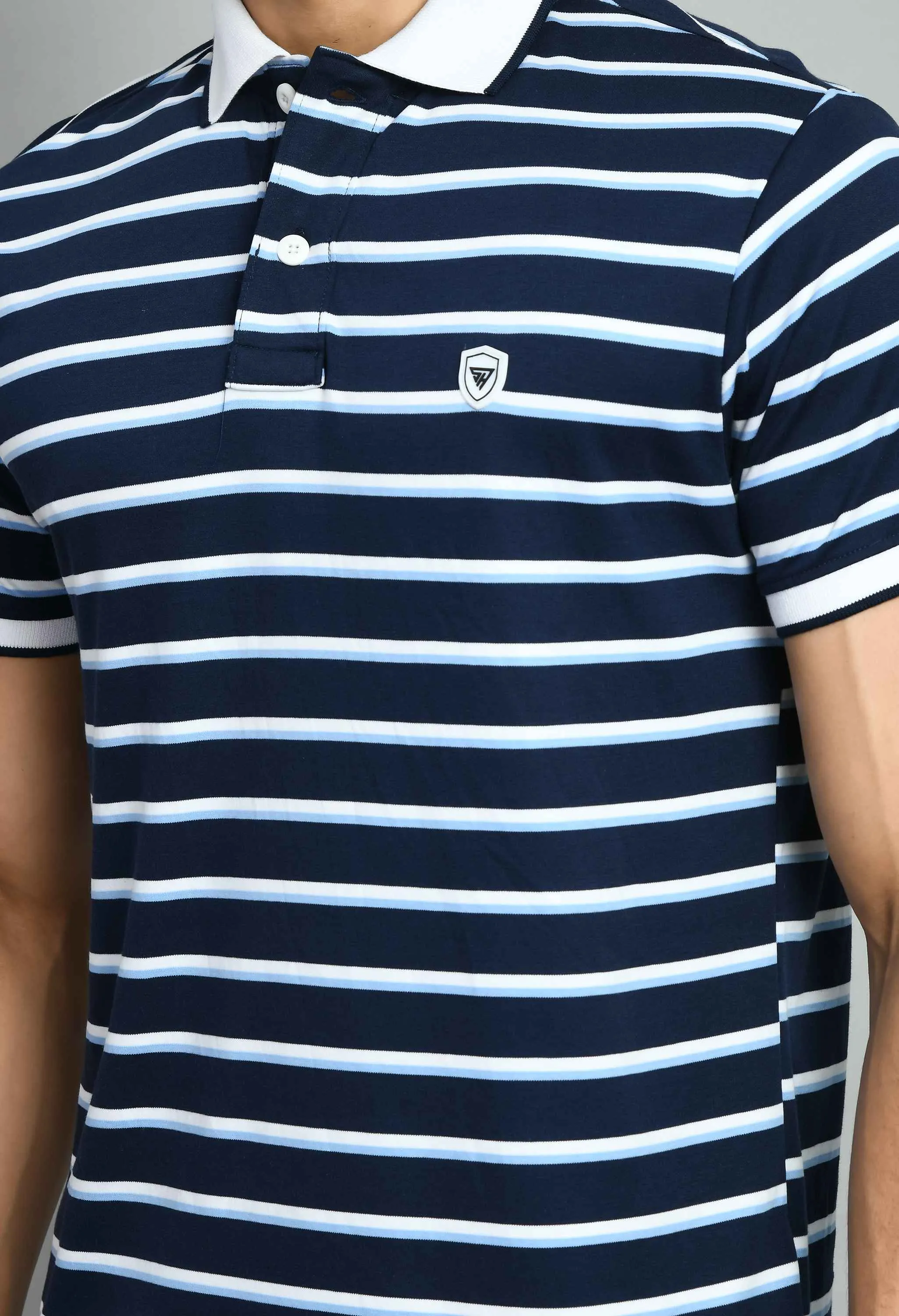 Men's Striped White Blue Polo Neck Tee