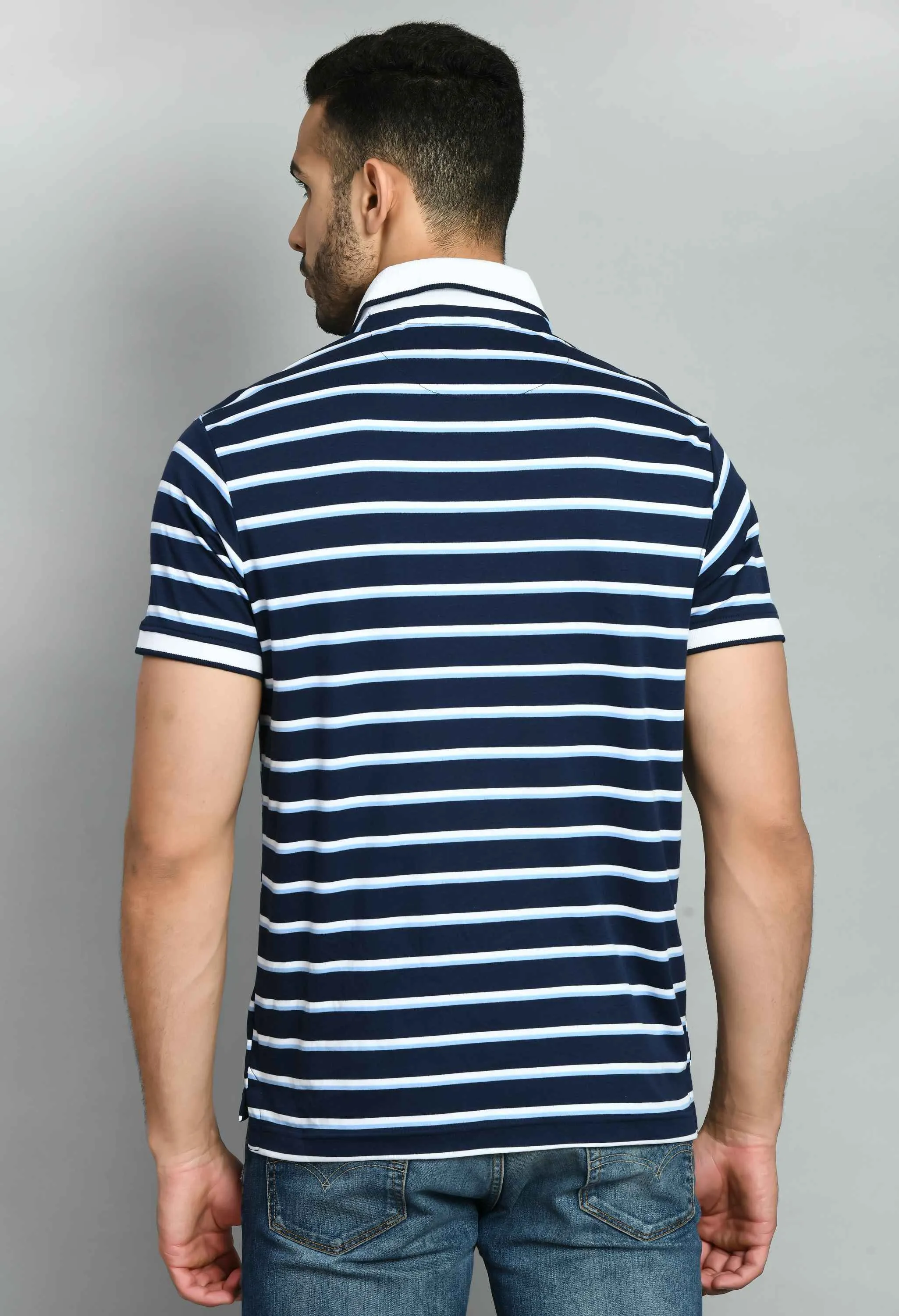 Men's Striped White Blue Polo Neck Tee