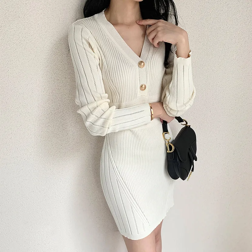 Mid-waist long-sleeved V-neck elastic knitted dress