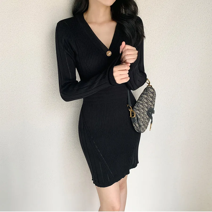 Mid-waist long-sleeved V-neck elastic knitted dress