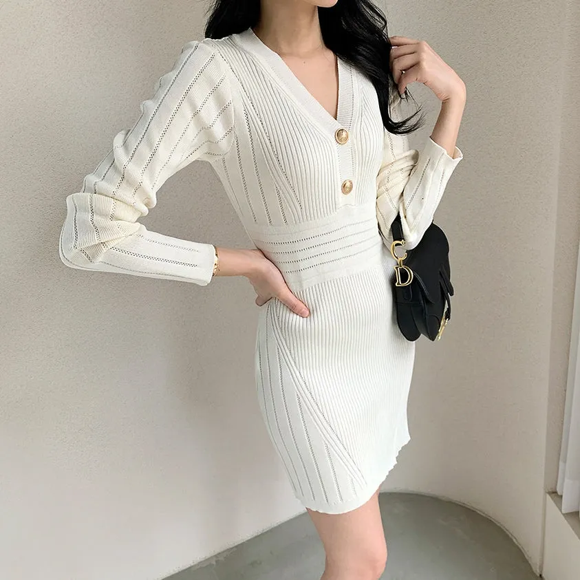 Mid-waist long-sleeved V-neck elastic knitted dress