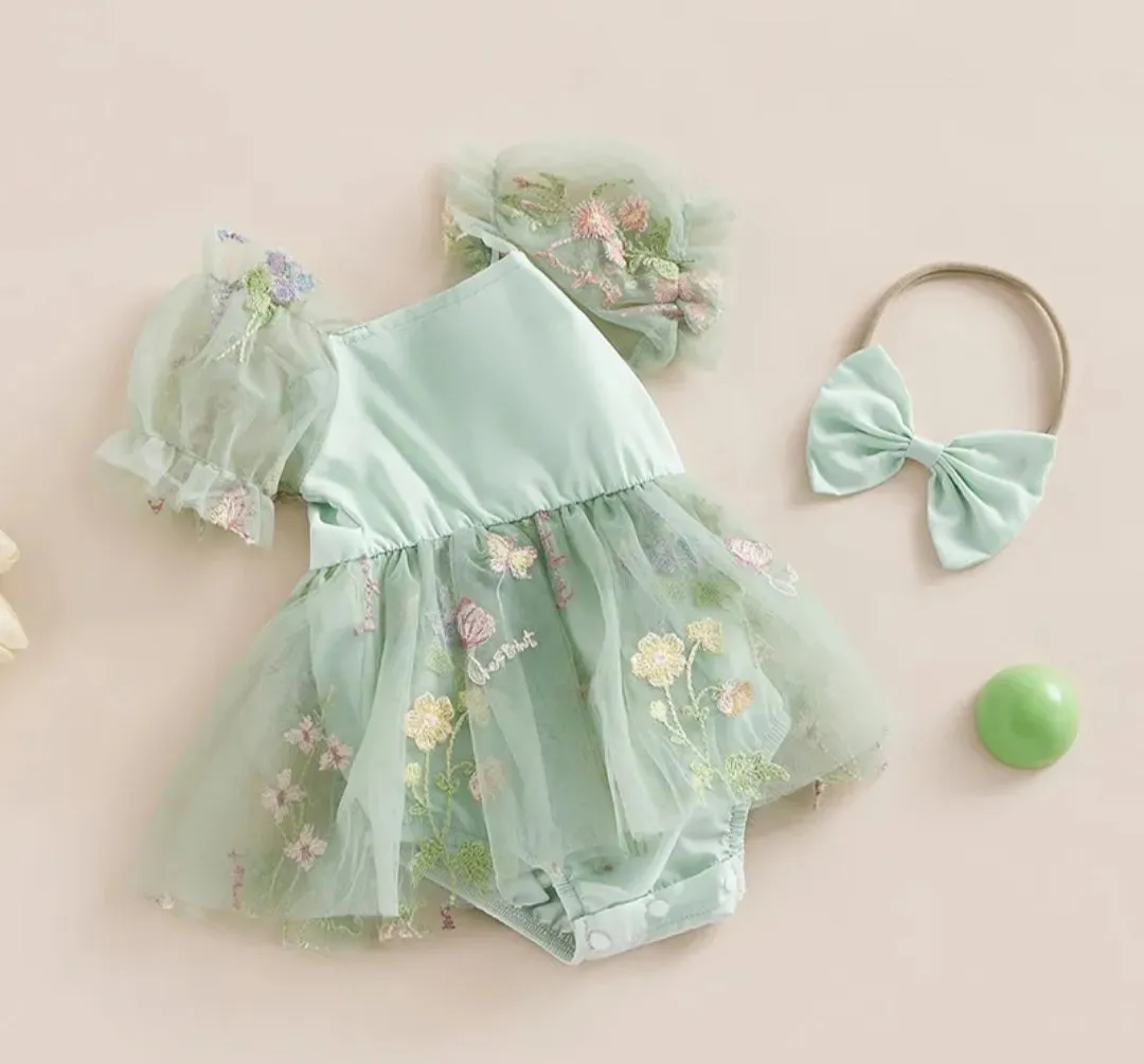 Mint Romper with Embroidered Tulle Tutu, Puff Sholders and Headband #1001176