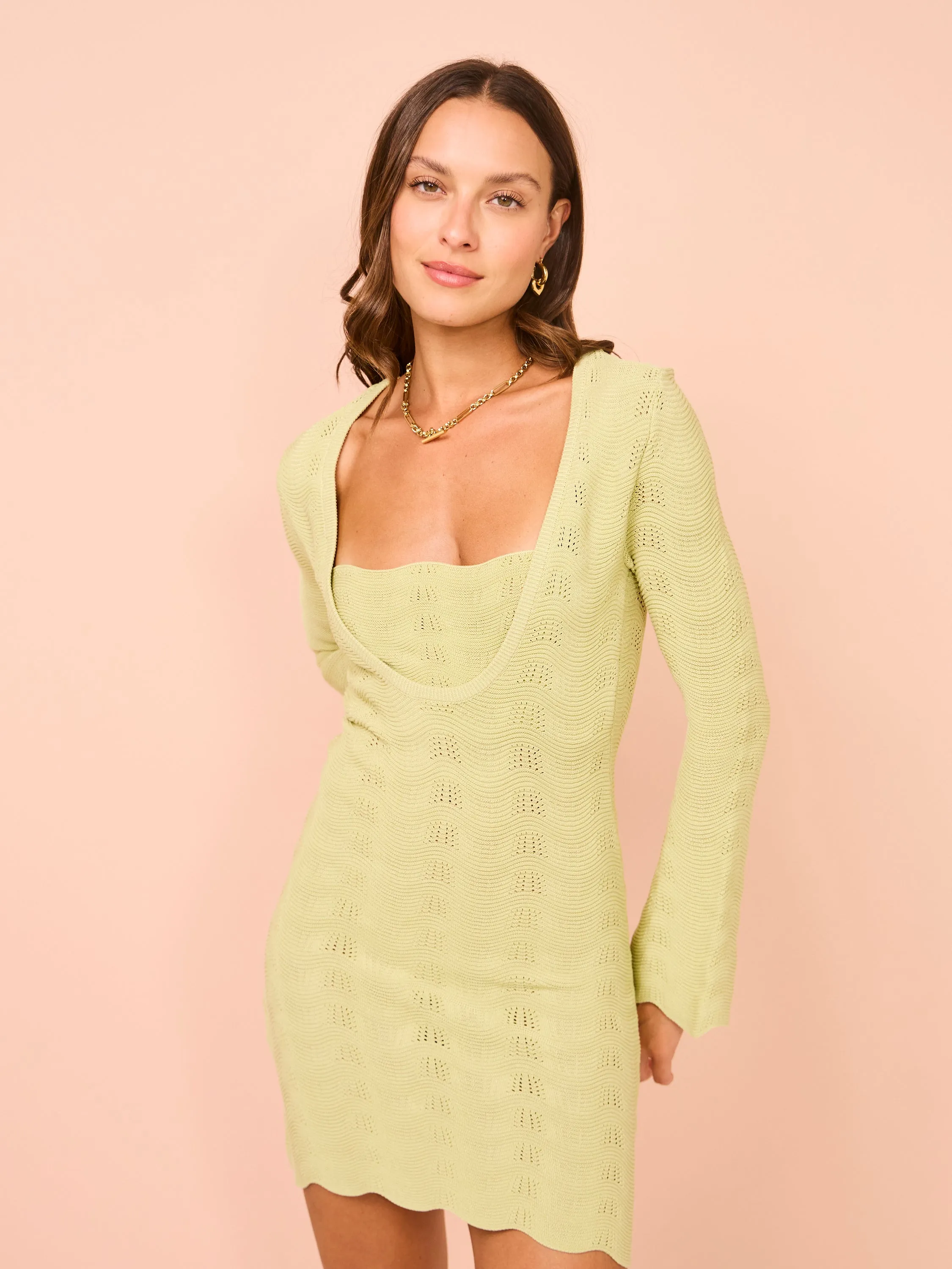 Mon Renn Waves Mini Dress in Green