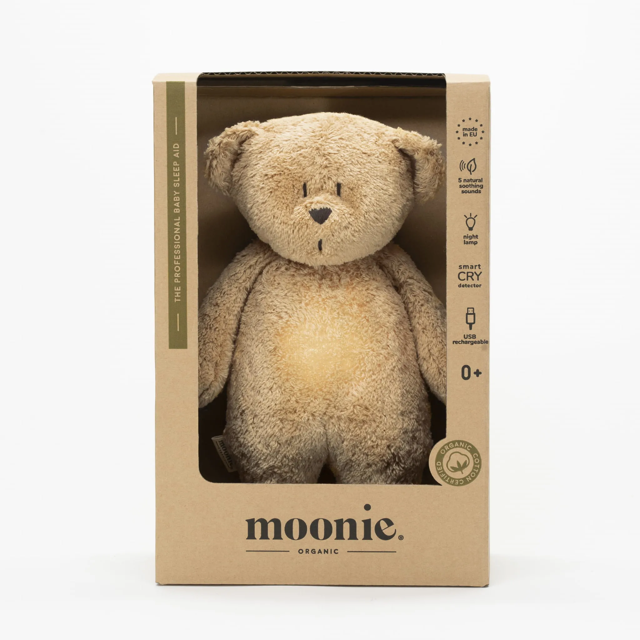 Moonie Plush Toy Bear Heartbeat and Light | Cappuccino Natural