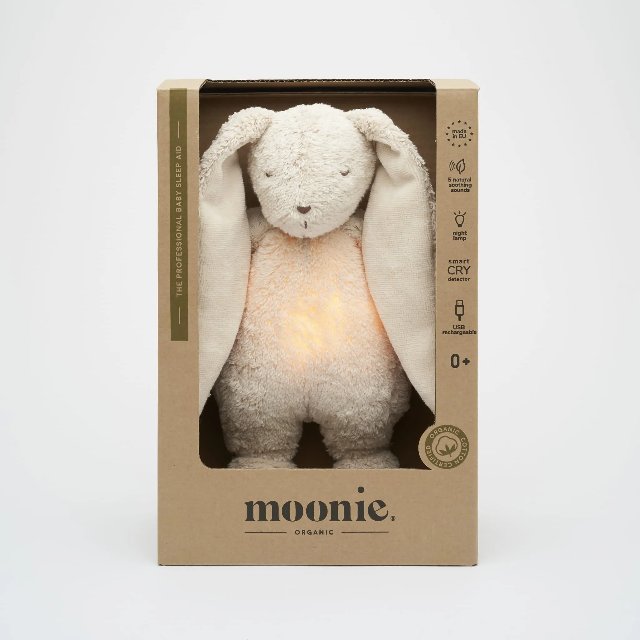 Moonie Plush Toy Heartbeat and Light | Bunny Organic Sand Natural