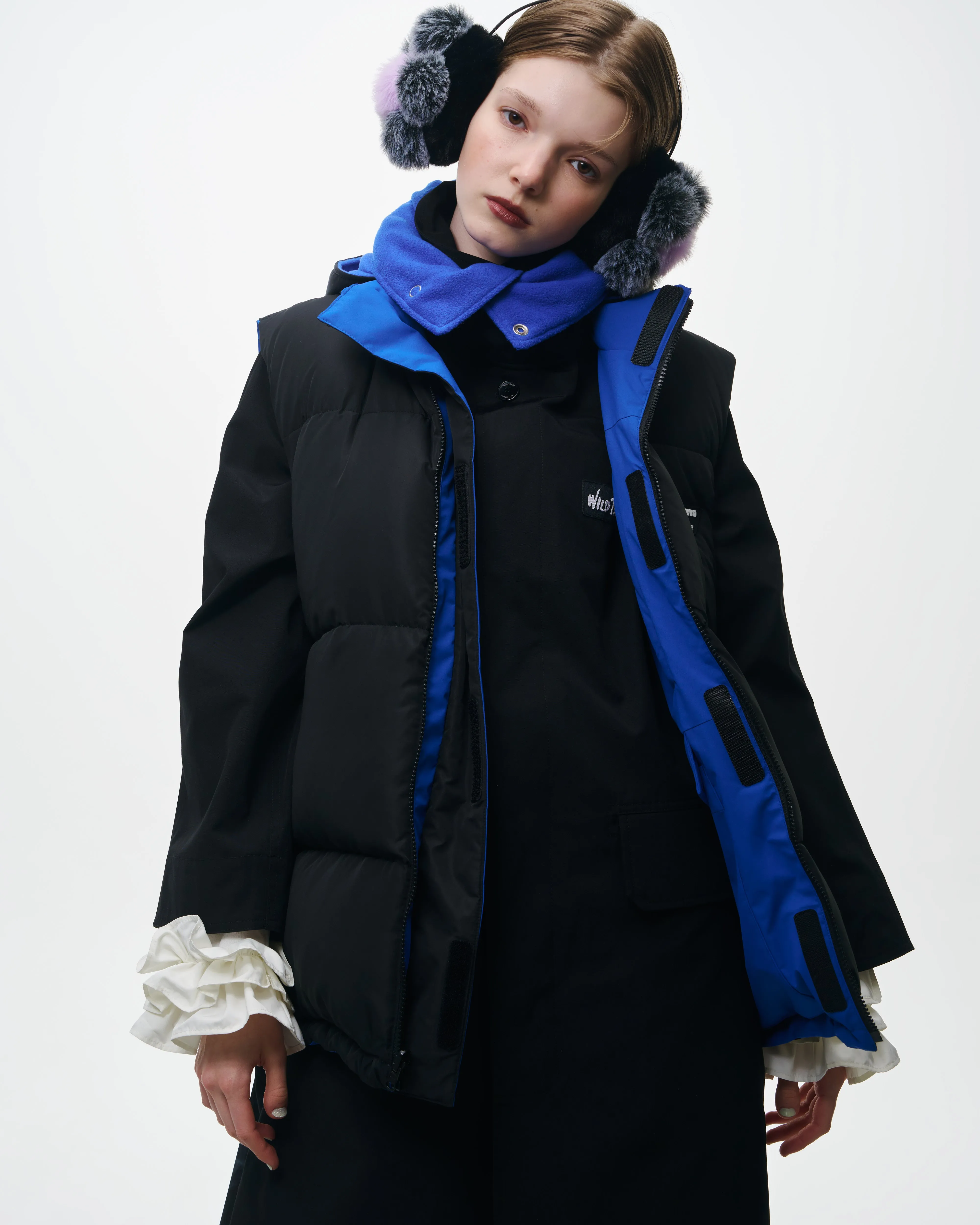 NON TOKYOxUNIVERSAL OVERALL / REVERSIBLE DOWN VEST (BLUE×BLACK)