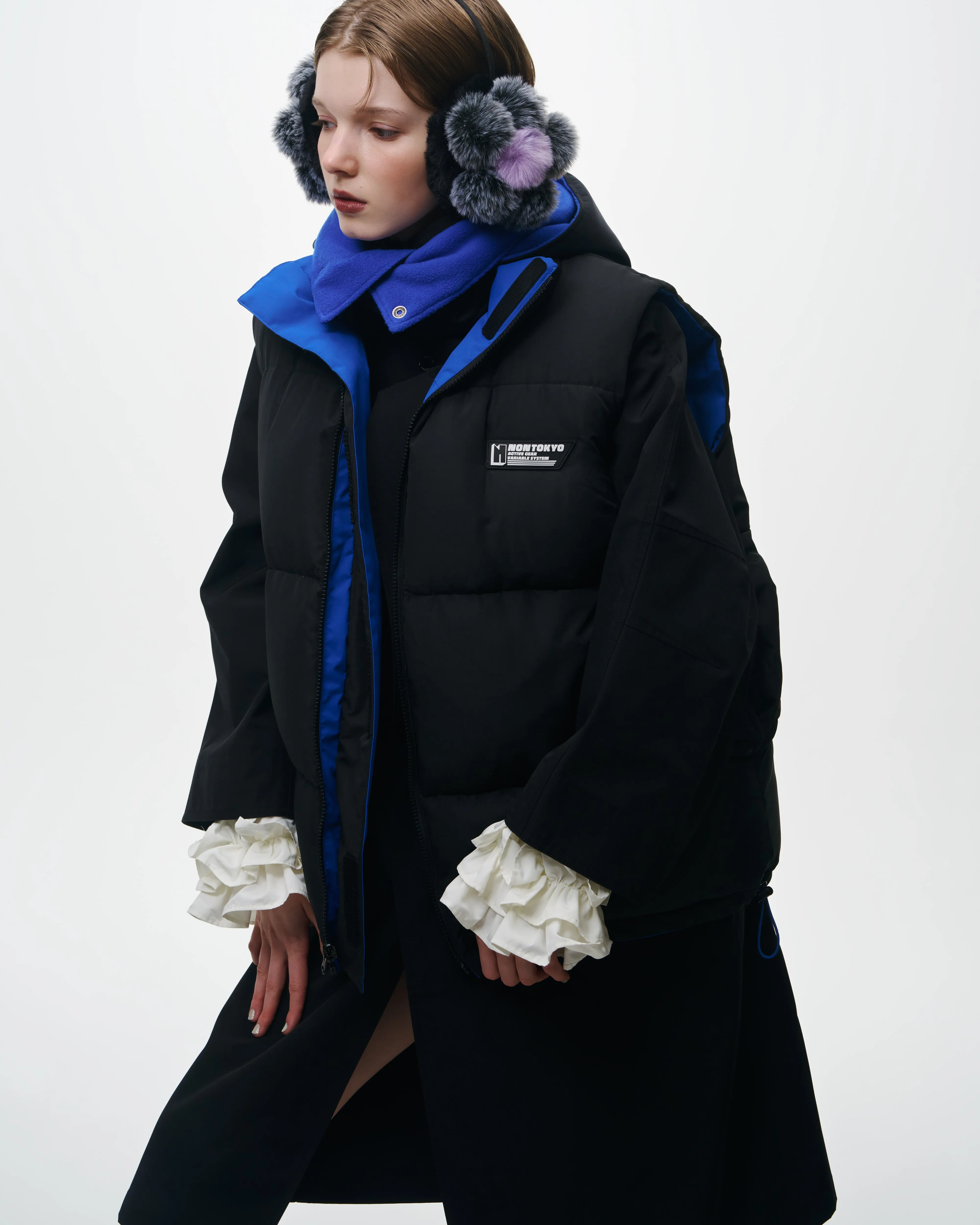 NON TOKYOxUNIVERSAL OVERALL / REVERSIBLE DOWN VEST (BLUE×BLACK)