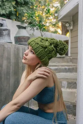 Olive Oversized Chunky Knit Pom Beanie