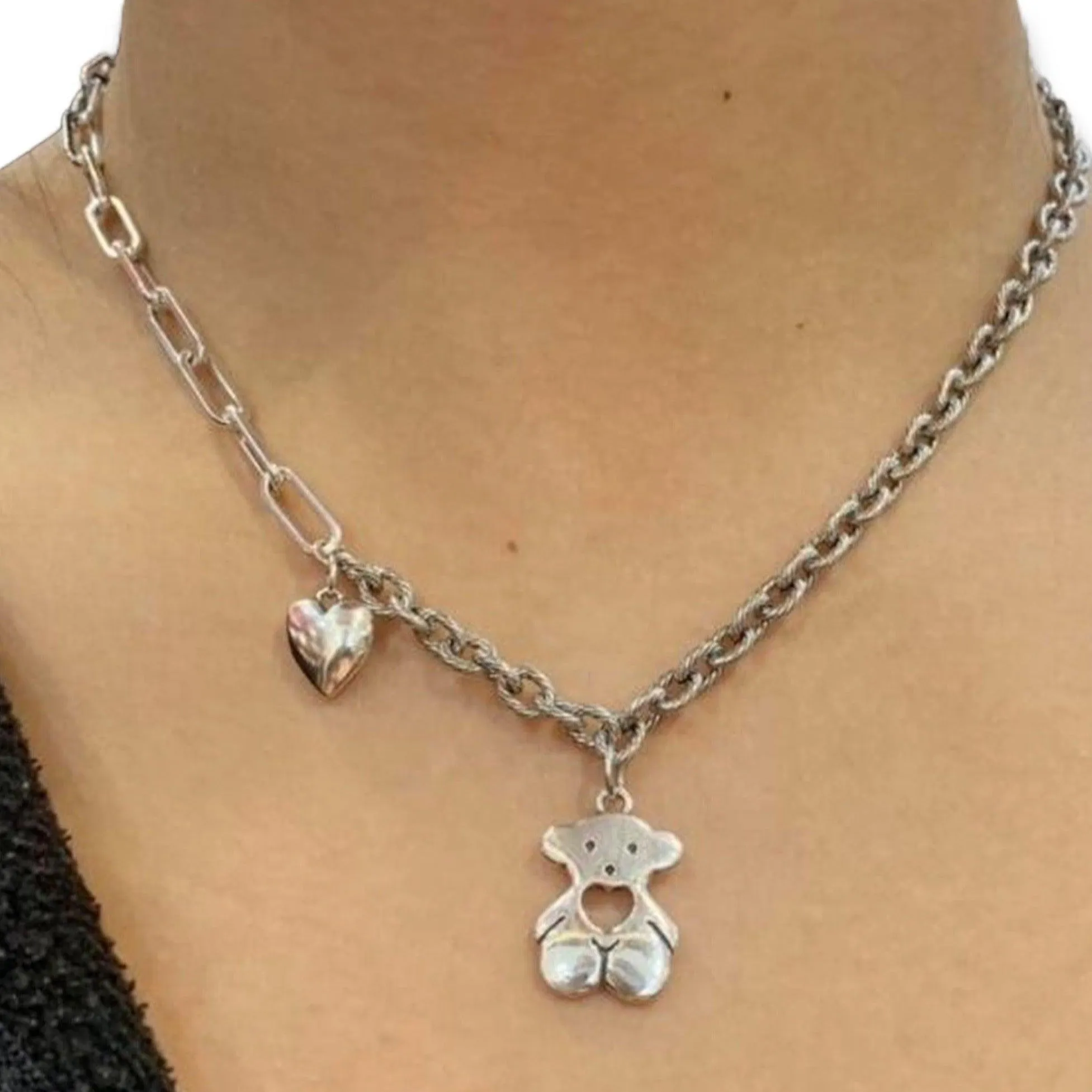 Open Heart Teddy Bear Sterling Silver Necklace