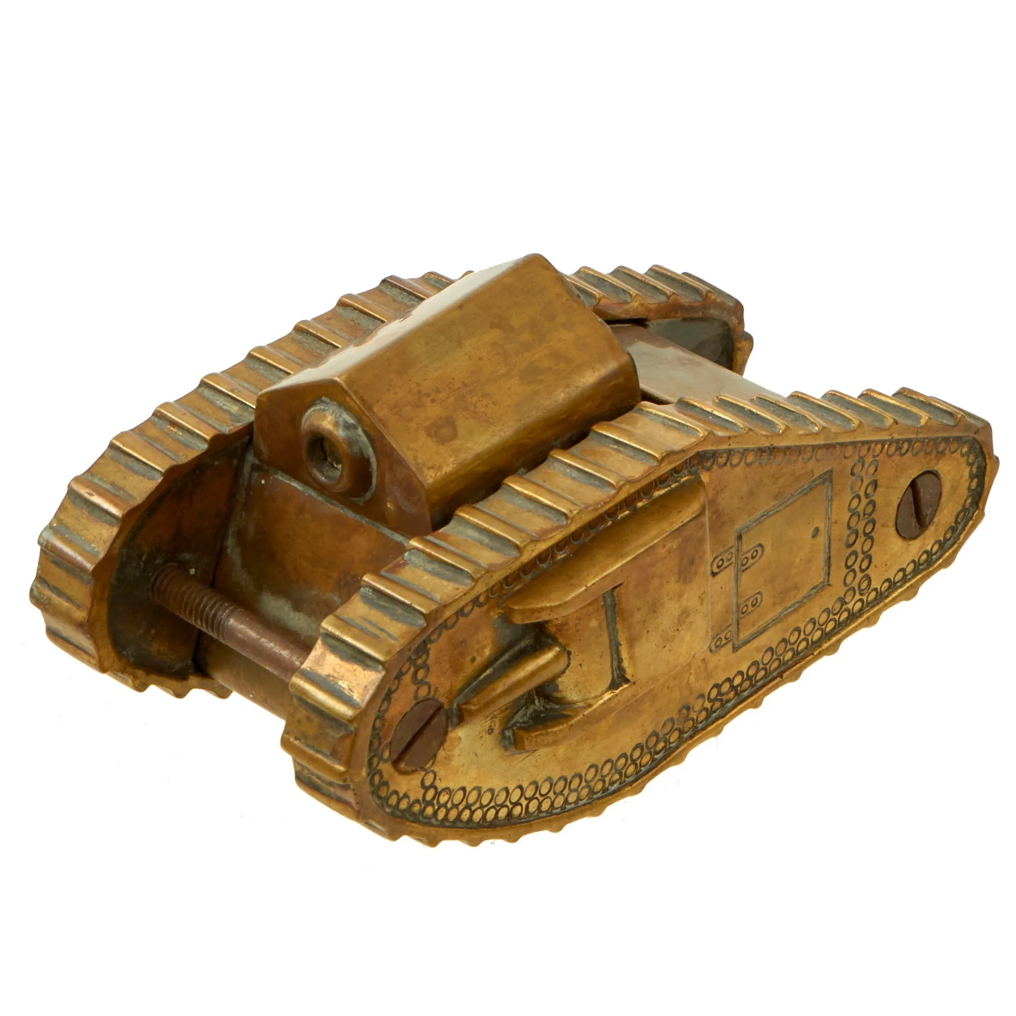 Original British WWI Mark IV Tank Brass Trench Art Model - Formerly A.A.F. Tank Museum Collection