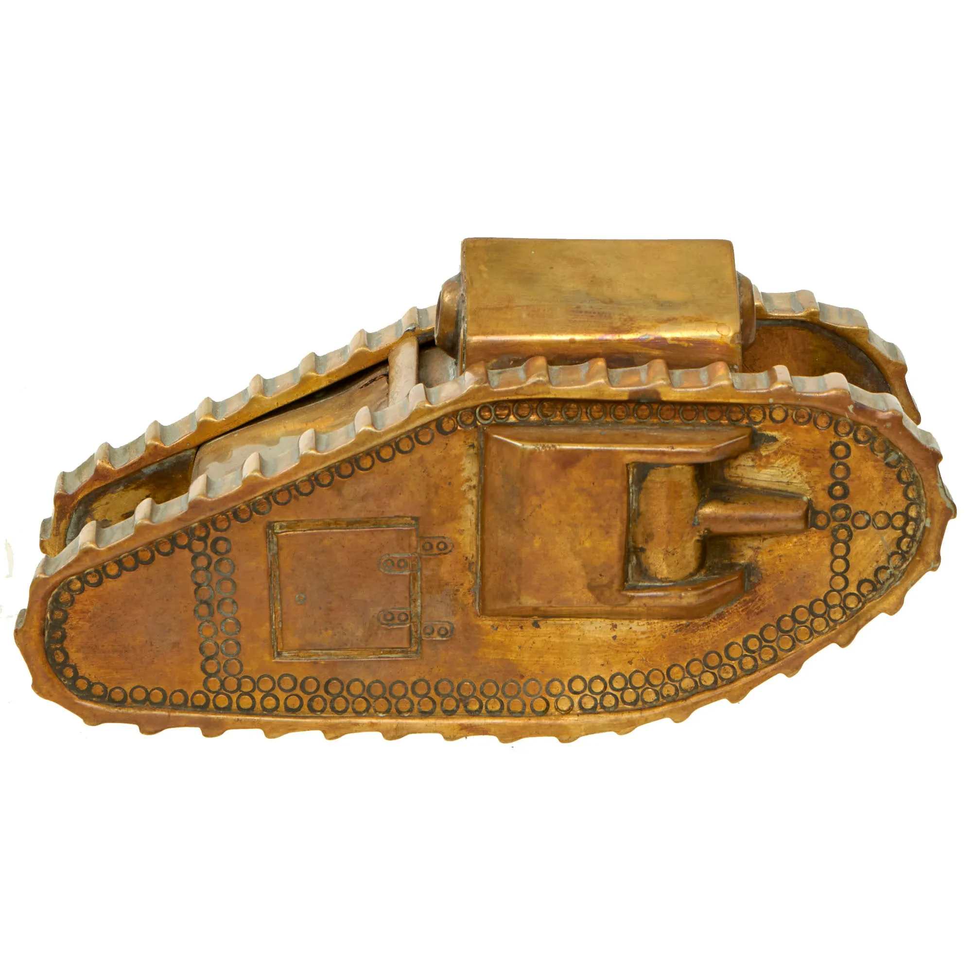 Original British WWI Mark IV Tank Brass Trench Art Model - Formerly A.A.F. Tank Museum Collection