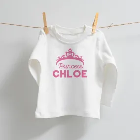 Personalised Princess Long Sleeved White T-Shirt with Pink Design