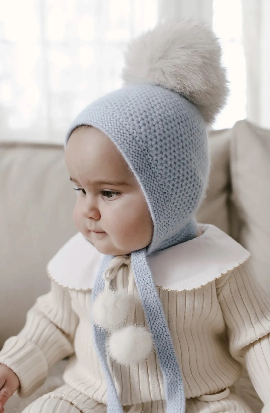 Petite Maison Kids Honeycomb Blue Cashmere Natural Fur Bonnet