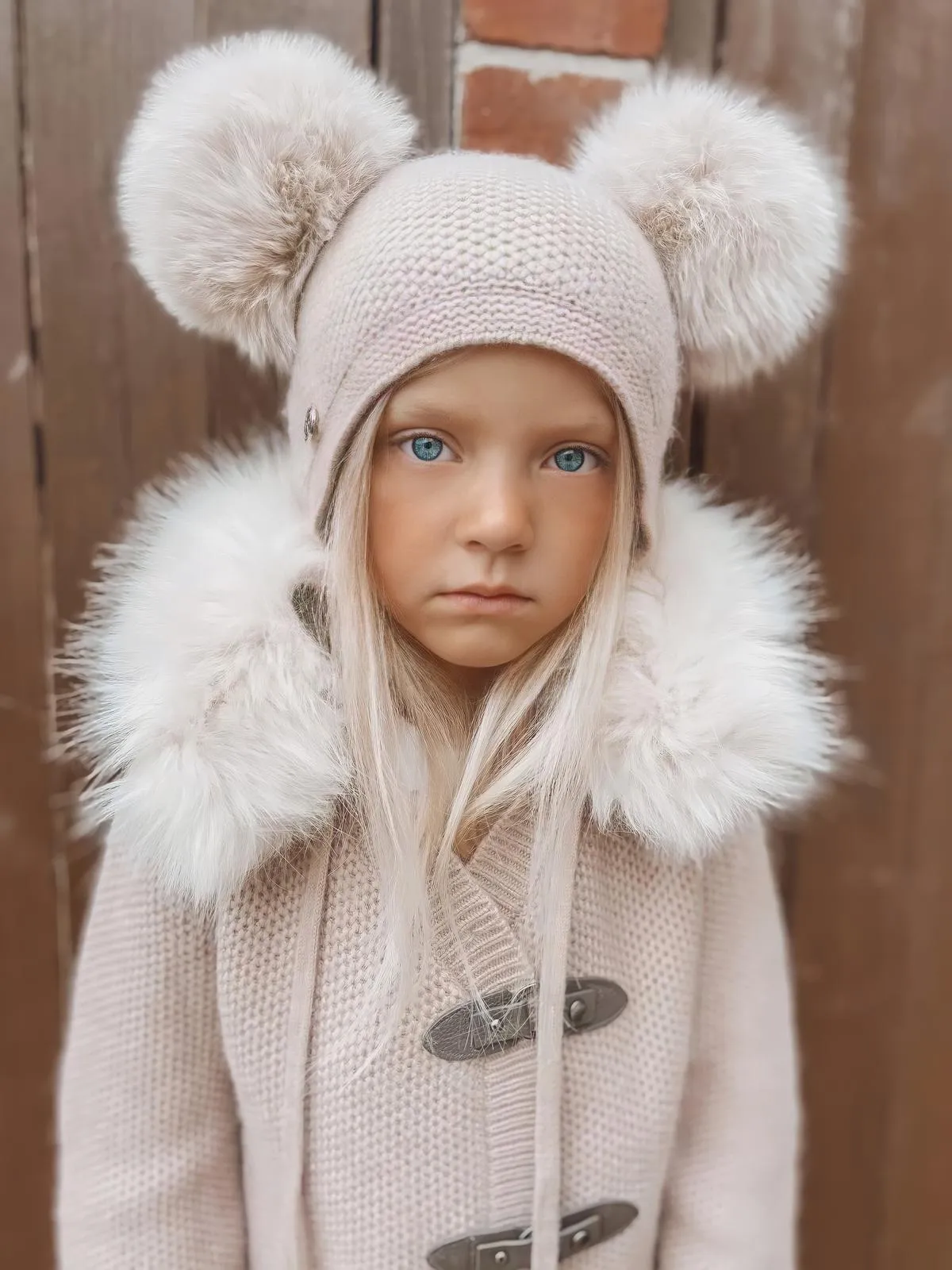 Petite Maison Kids Honeycomb Dusky pink cashmere fur bonnet