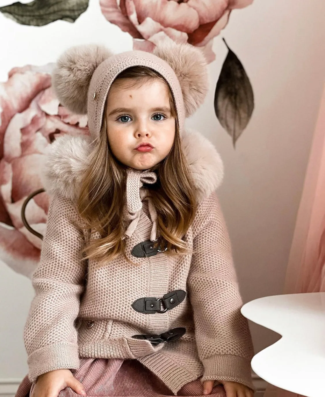 Petite Maison Kids Honeycomb Dusky pink cashmere fur bonnet