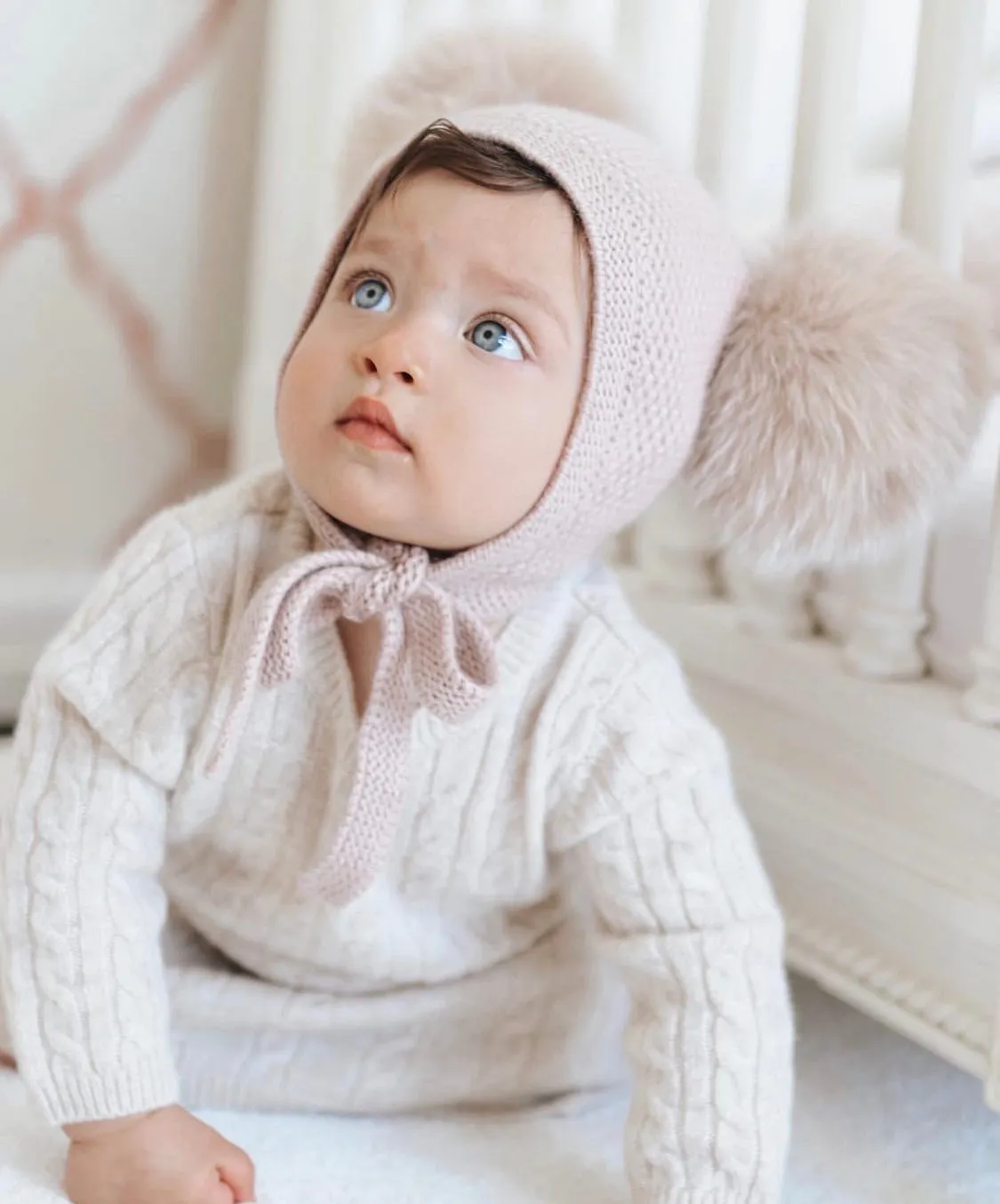 Petite Maison Kids Honeycomb Dusky pink cashmere fur bonnet