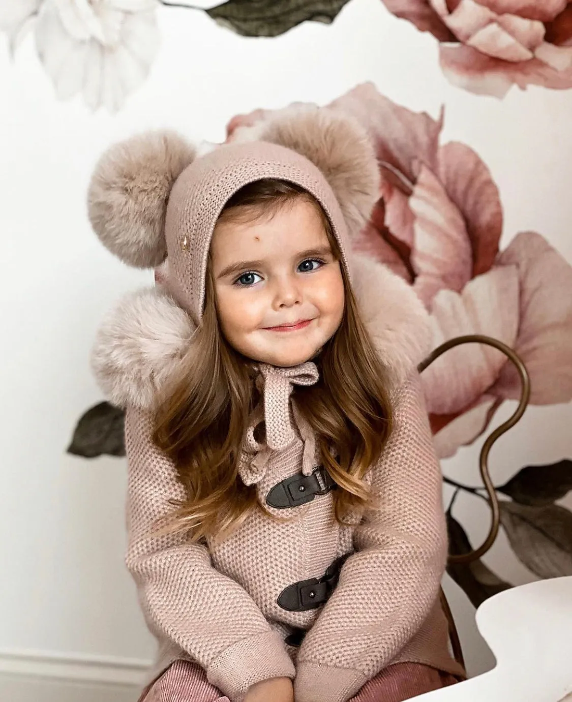 Petite Maison Kids Honeycomb Dusky pink cashmere fur bonnet