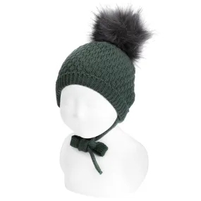 Pine Green Faux Fur Pom Pom Hat with Ties