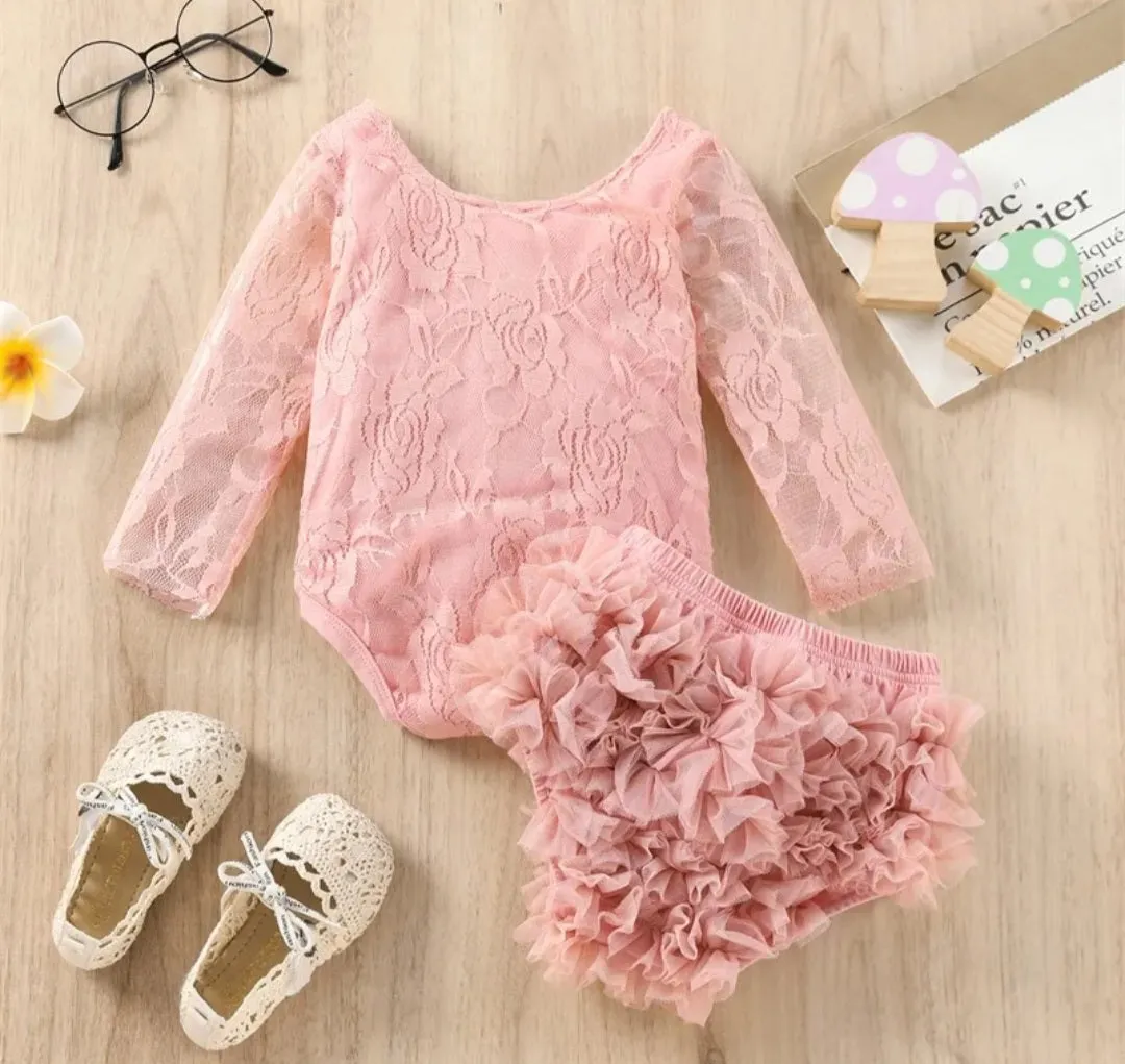 Pink Lace First Birthday Romper with Lace Bloomer #1000520