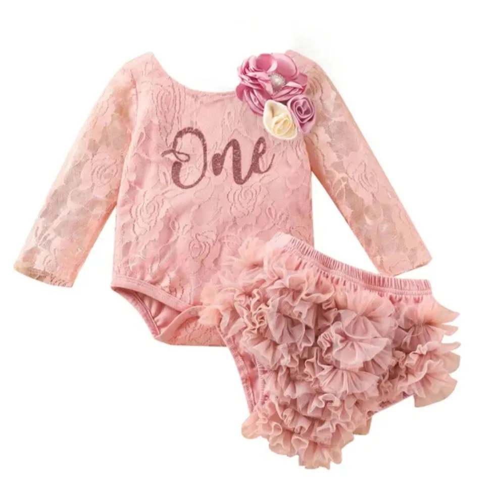 Pink Lace First Birthday Romper with Lace Bloomer #1000520