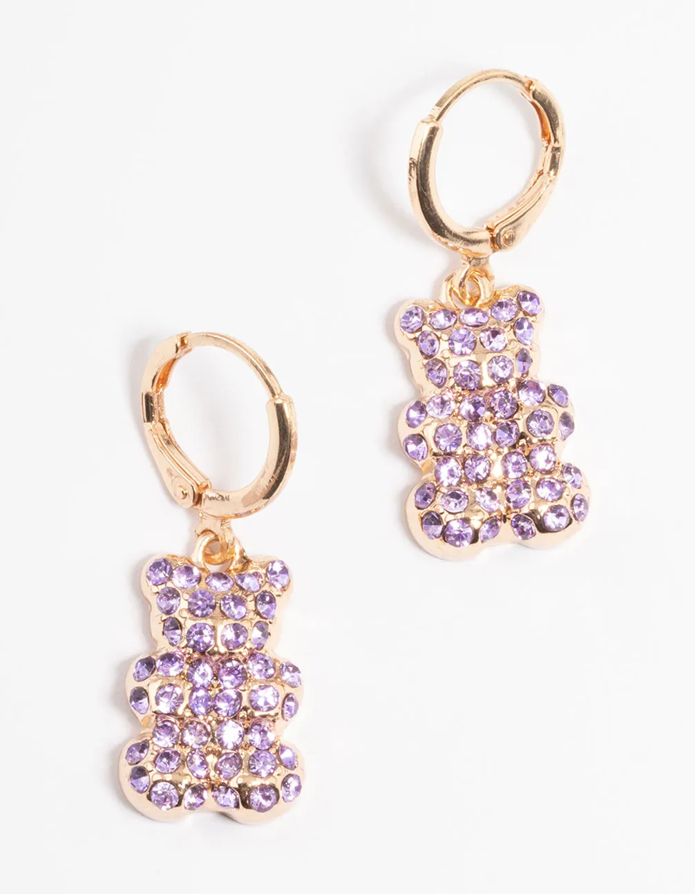 Purple Diamante Teddy Bear Huggie Earrings