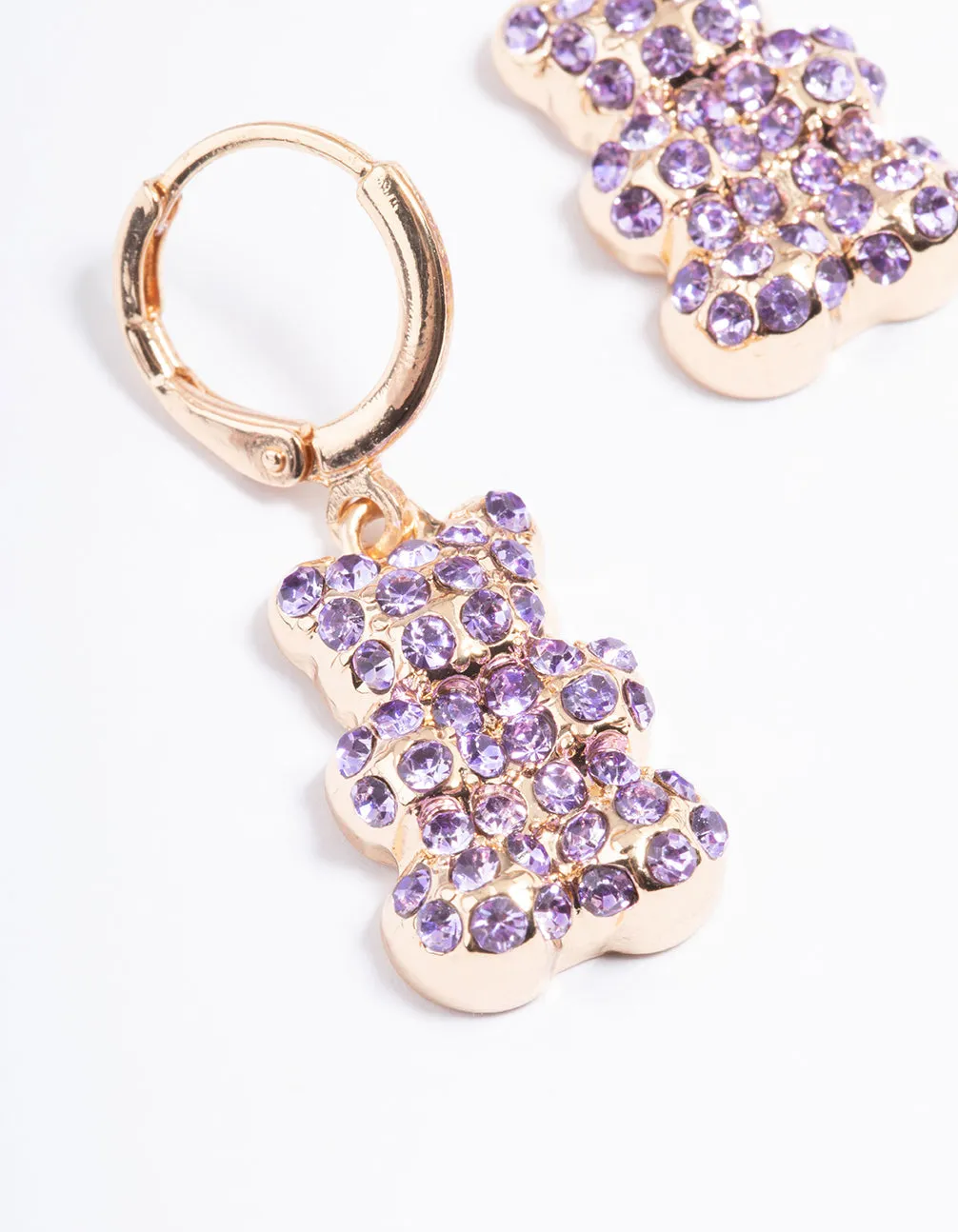 Purple Diamante Teddy Bear Huggie Earrings