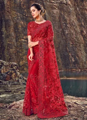 Red Overall Designer Embroidered Party Wear Saree