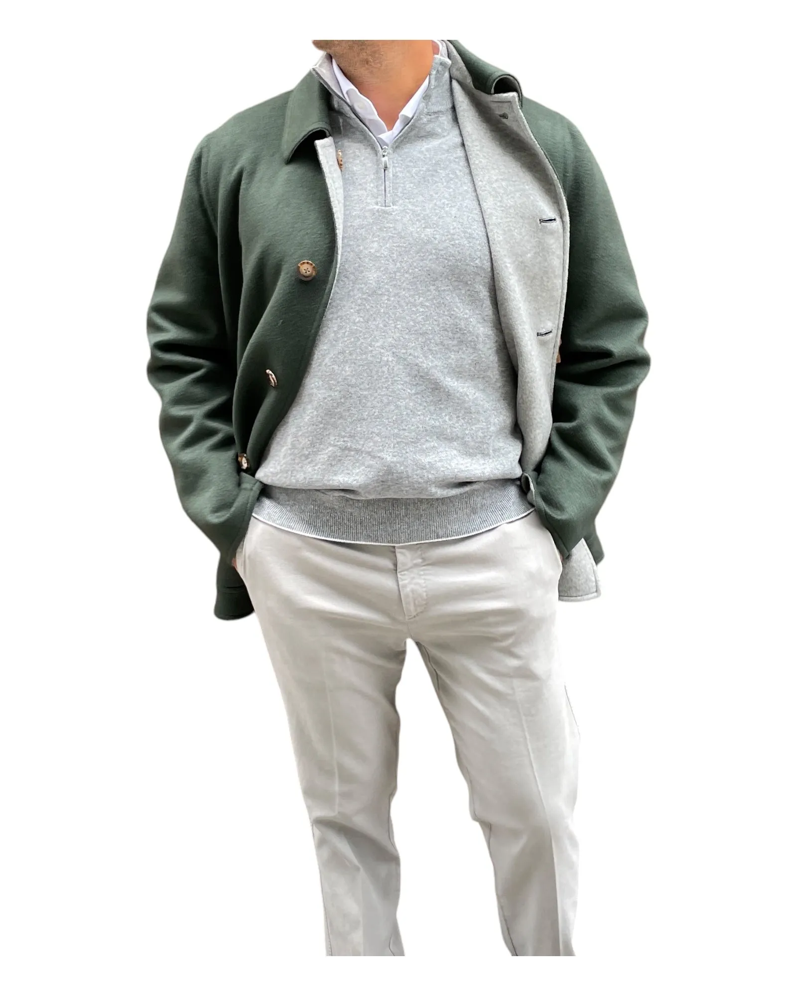 REVERSIBLE CASHMERE CAR COAT - GREEN/GREY