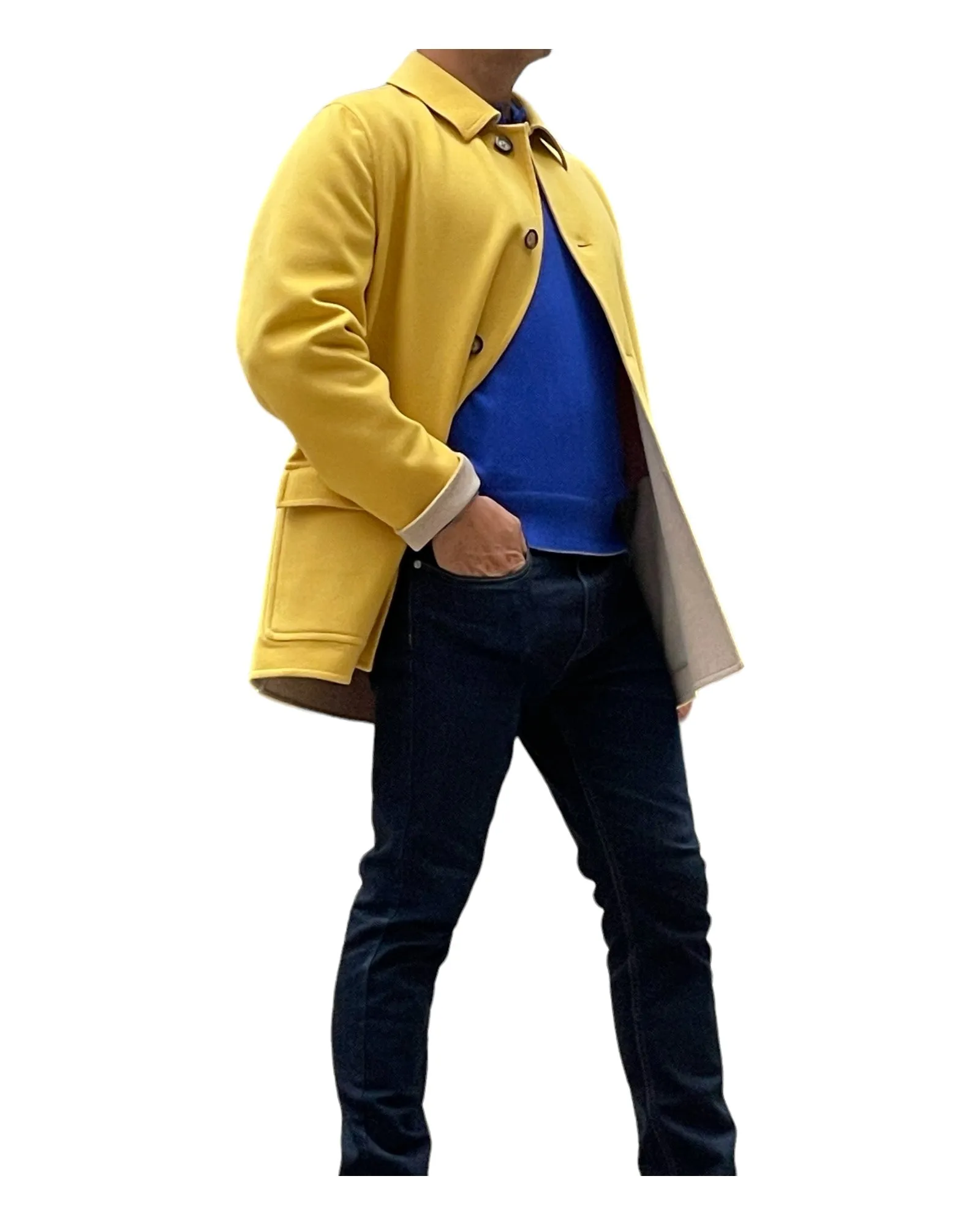 REVERSIBLE CASHMERE CAR COAT - YELLOW/TAUPE