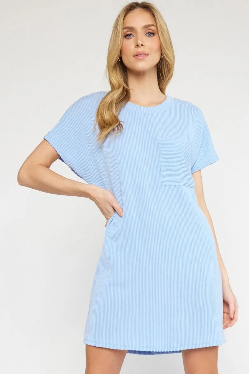 Ribbed Round Neck SS Mini Dress