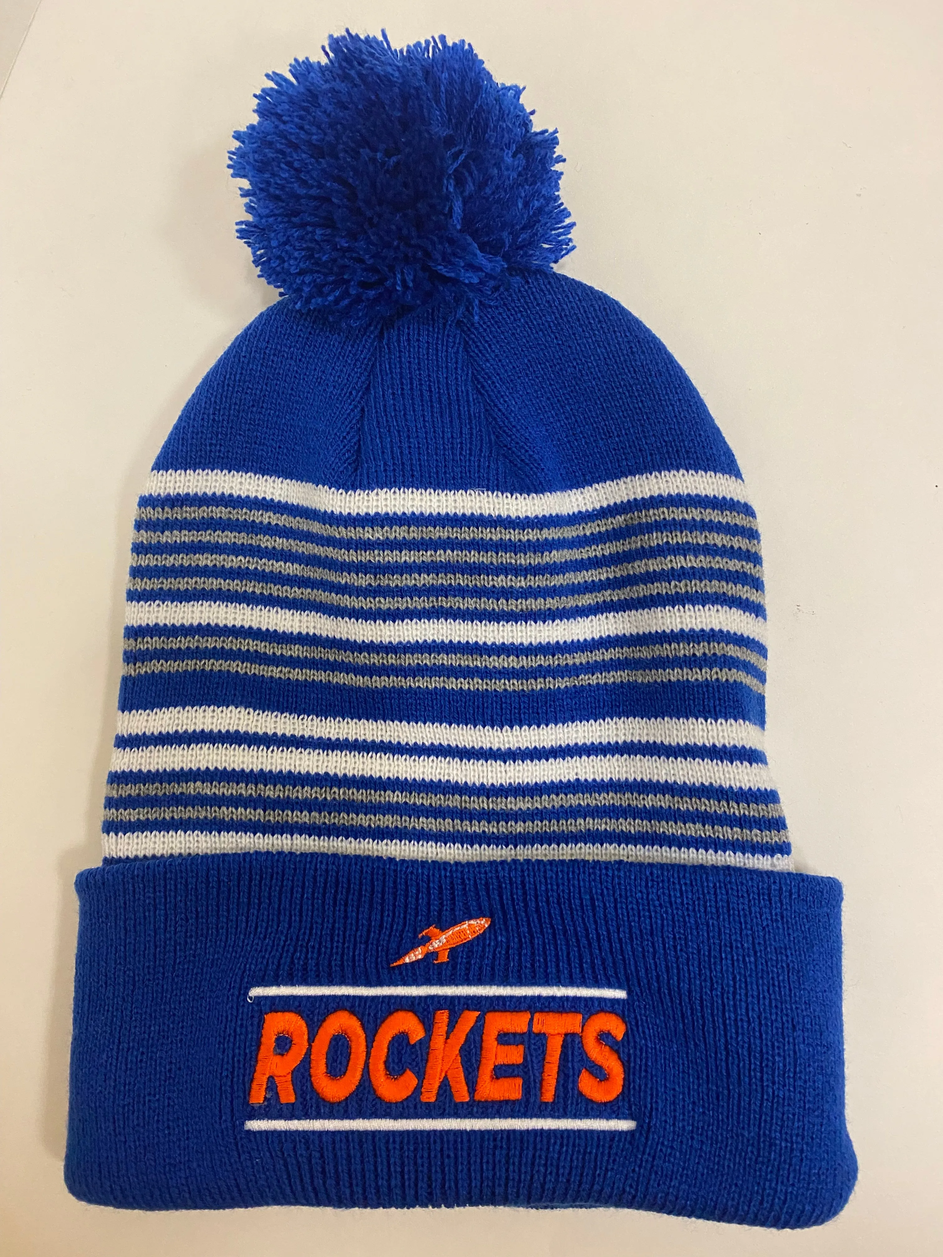 Rockets ~ Knit Stocking Cap Striped Blue Pom