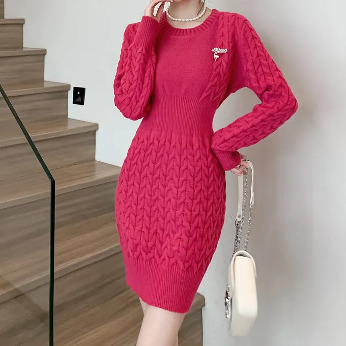 Round Neck Linen Sweater Hip-Covering Knitted Dress