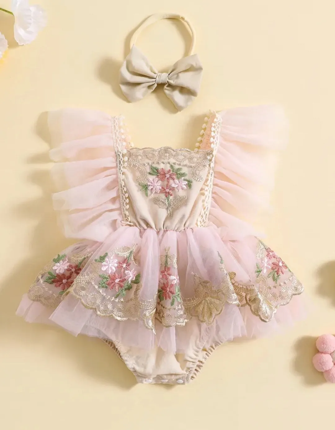 Ruffle Soft Pink Romper with Embroidered FloTulle and Headband  #10004