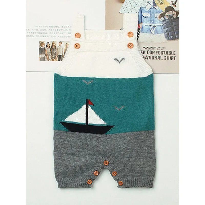 Sailboat Sea Gulls Onesies Knitted Suspender Romper Sleeveless Bodysuit