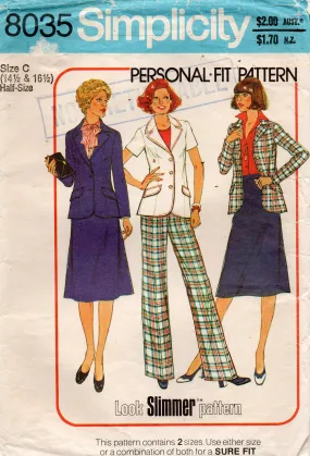 Simplicity 8035 Womens Half Size PERSONAL FIT Wide Lapel Blazer Skirt & Pants 1970s Vintage Sewing Pattern Bust 37 and 39 inches UNCUT Factory Folded