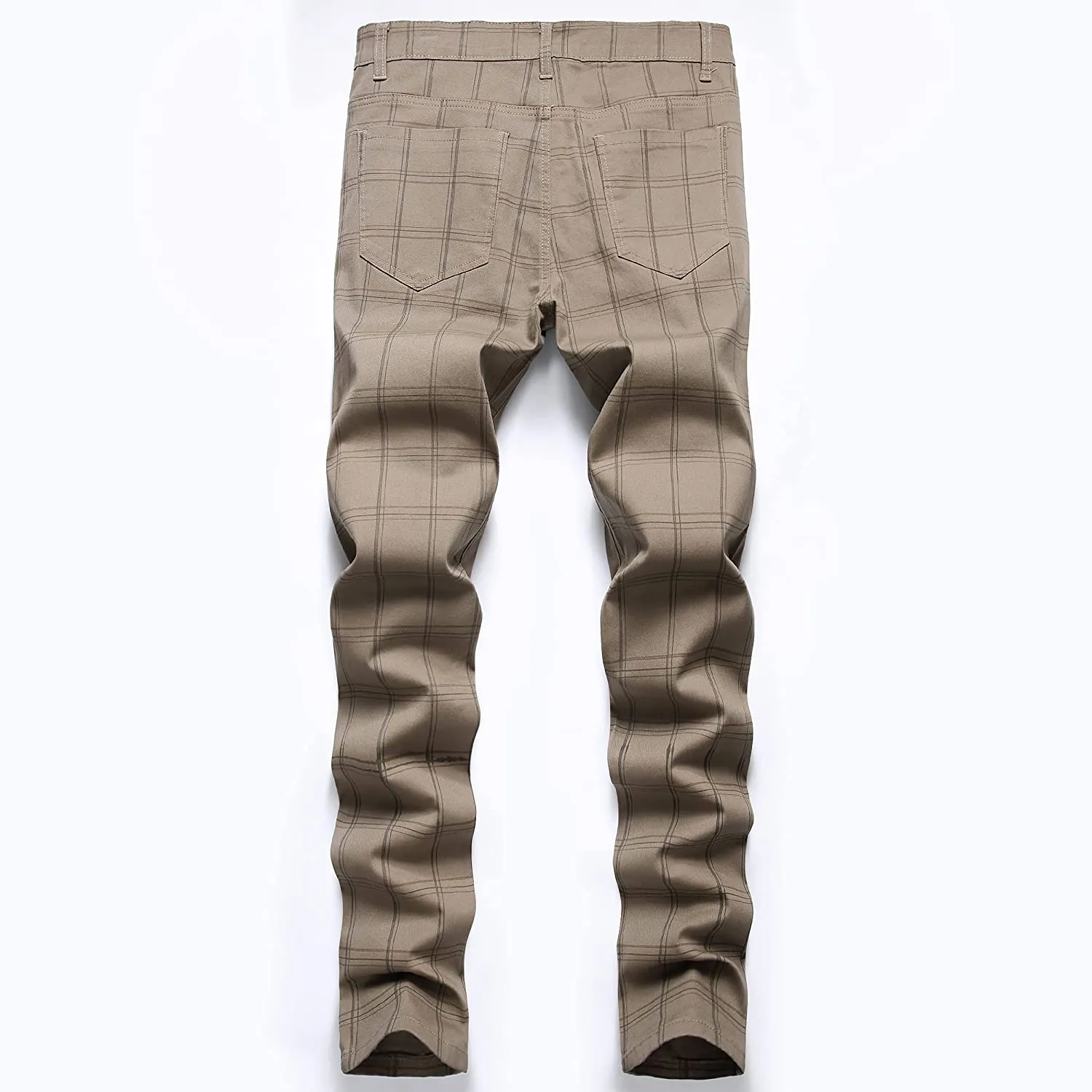 Skinny Fit Plaid Khaki Flat-Front Stretch Slim Stylish Chino Pants