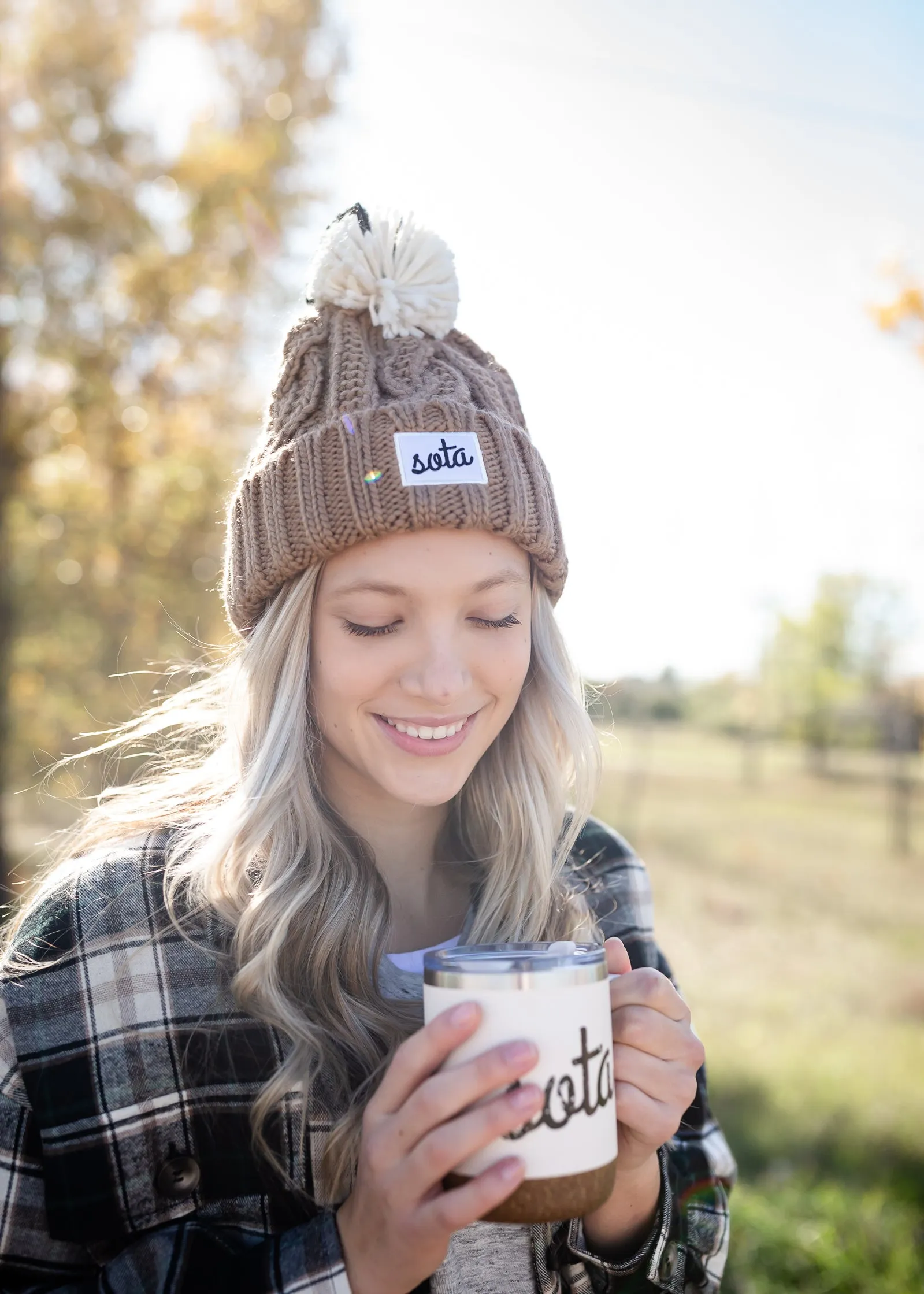 Sota' Camel Cable Knit Pom Beanie