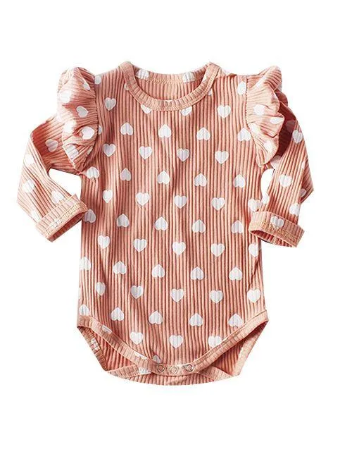 Spanish Style Bodysuit Long Flutter Sleeve Love Heart Print Baby Romper