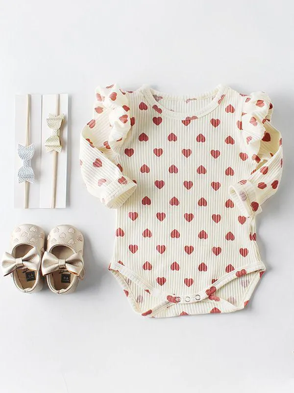 Spanish Style Bodysuit Long Flutter Sleeve Love Heart Print Baby Romper